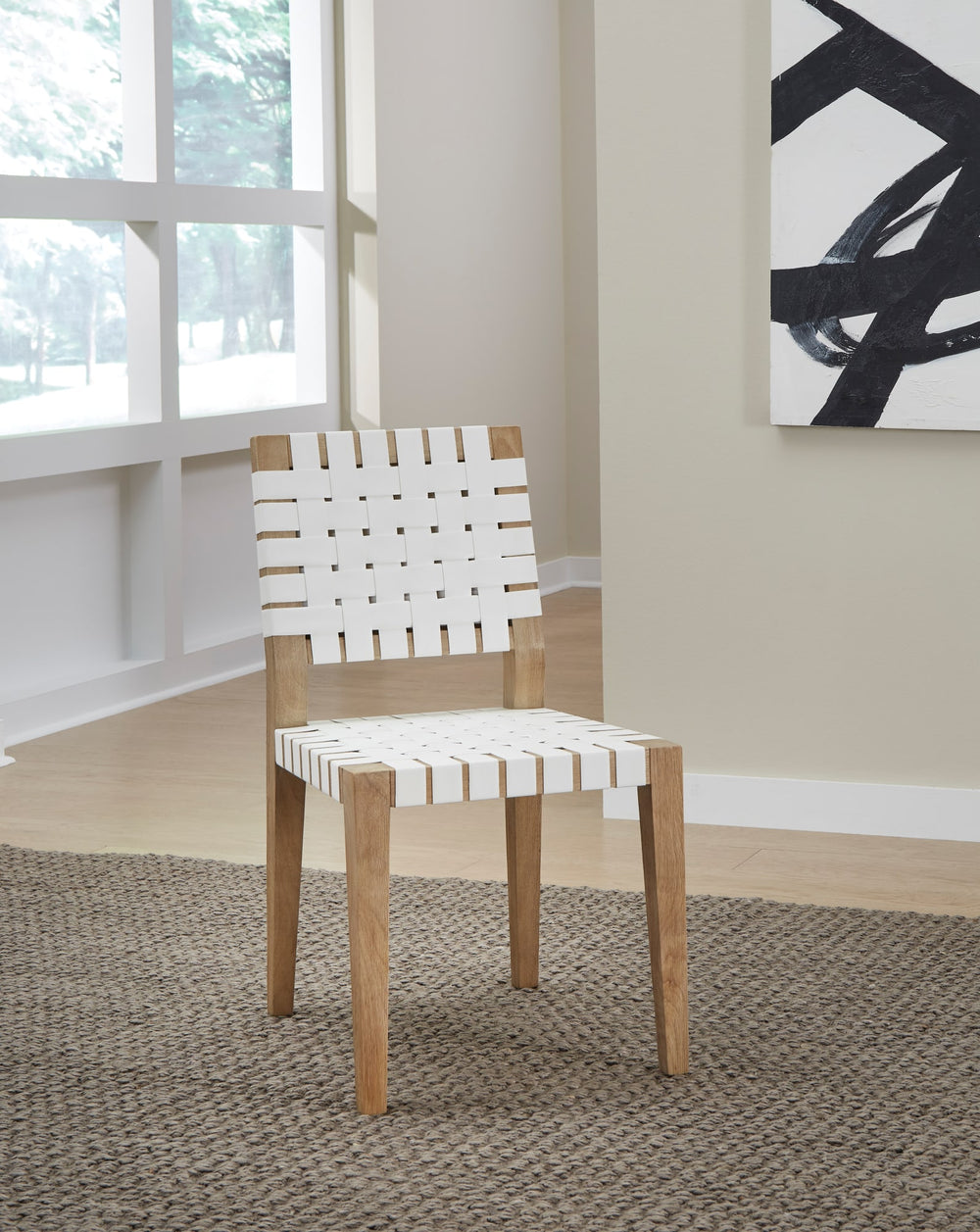 Onyx Woven Leather and Solid Wood Dining Side Chair in White and Bisque