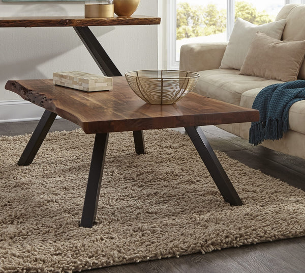Riverside Live Edge Solid Wood Metal Leg Coffee Table in Natural Acacia alternate view