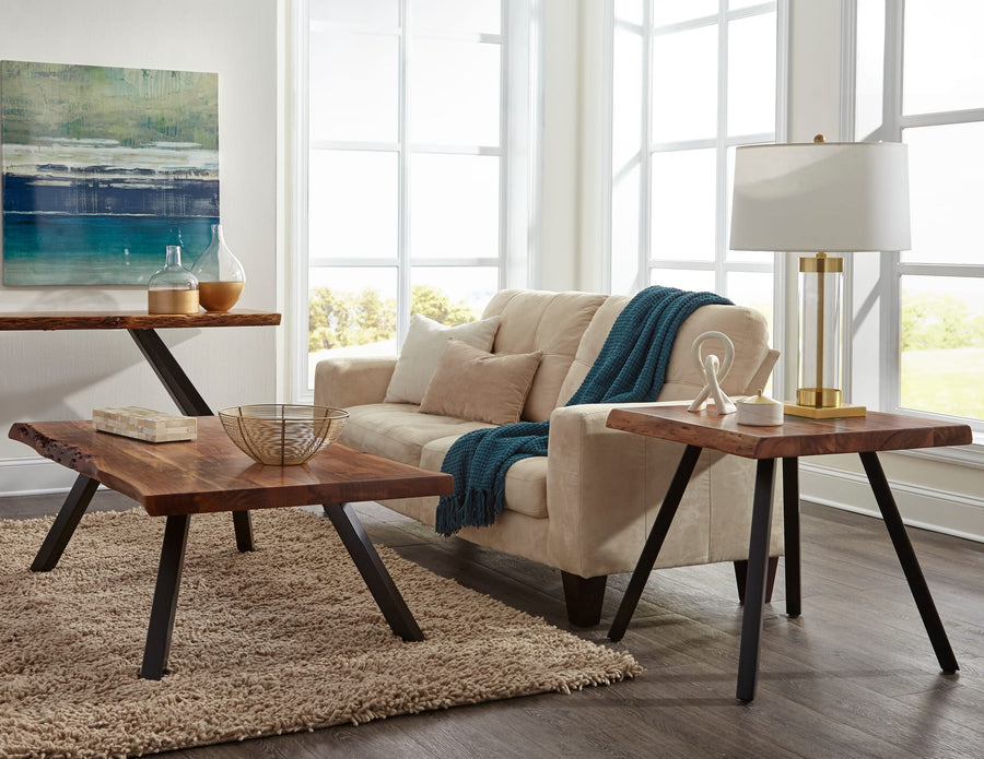 Riverside Live Edge Solid Wood Metal Leg Coffee Table in Natural Acacia Complete Room
