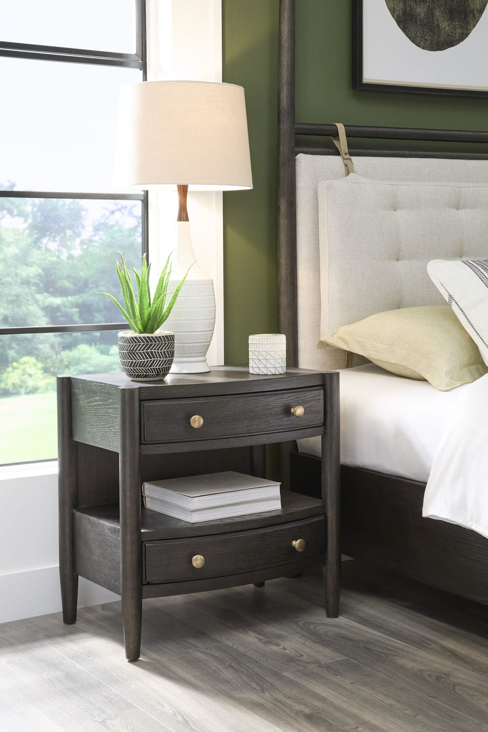 Ridgewood Two Drawer One Shelf Oak Wood Nightstand in Yin