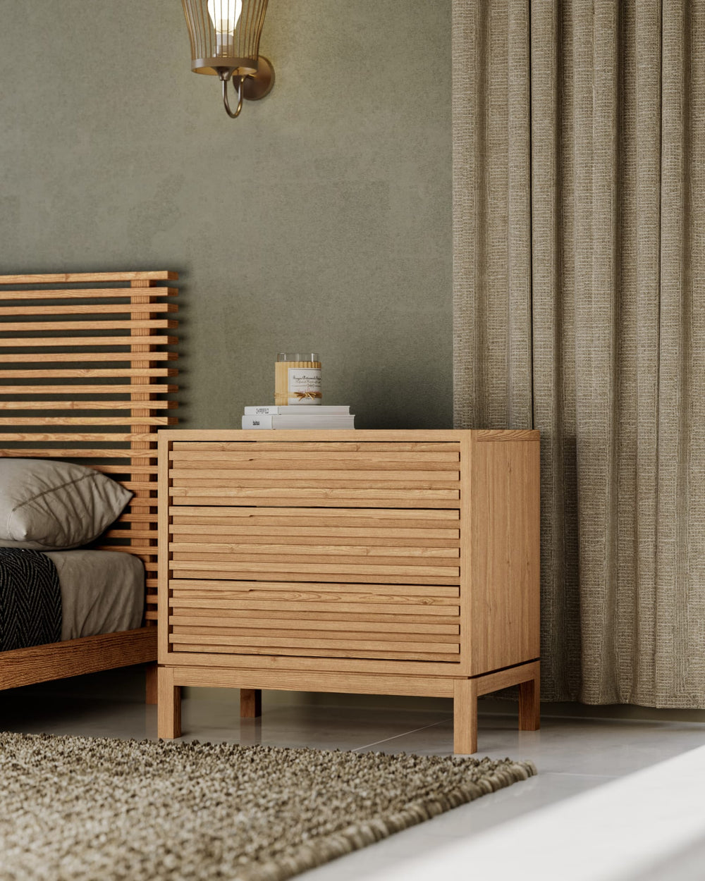 Thornton Three Drawer Ash Wood Nightstand in Flaxen