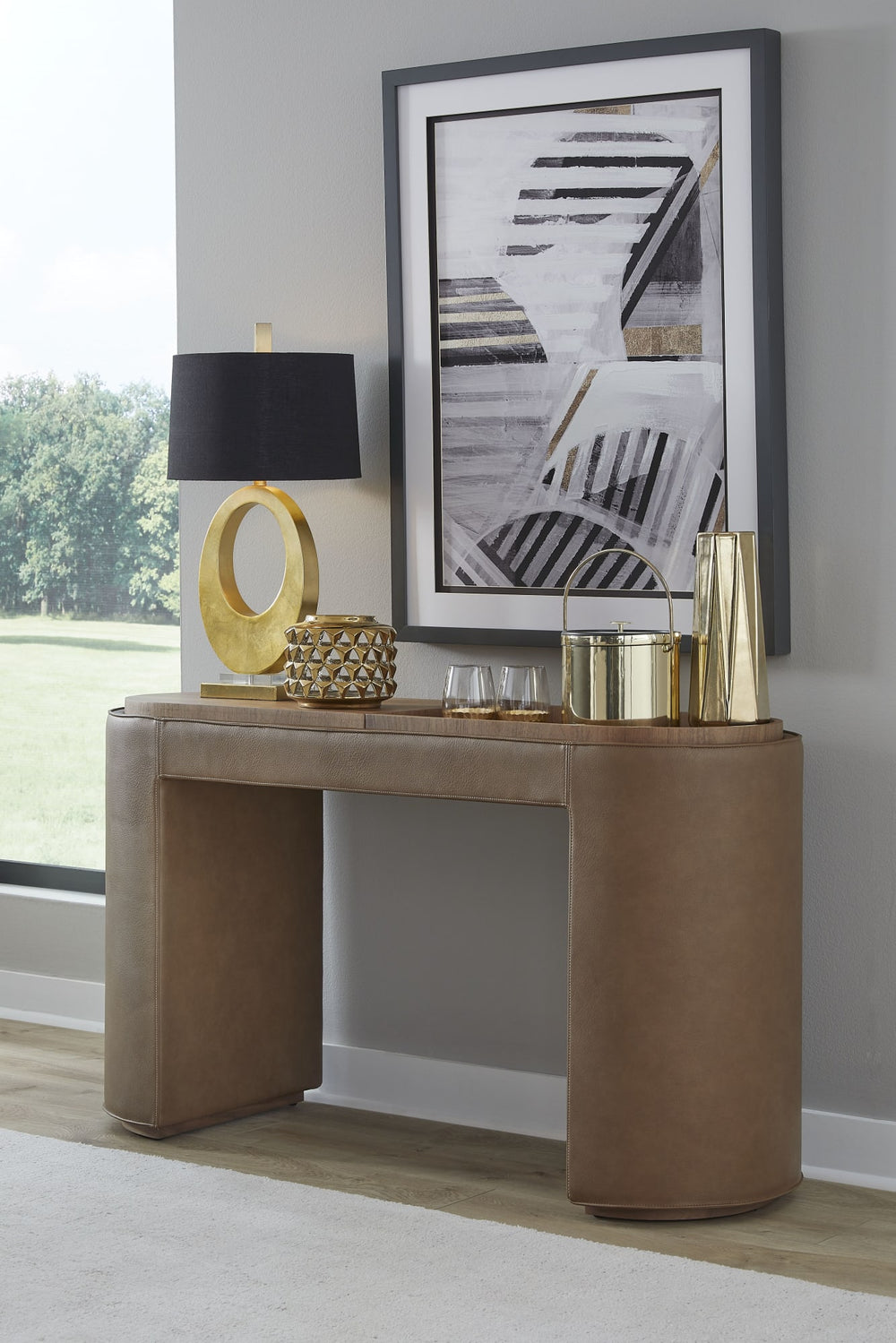 Yardley Leather Upholstered Storage Console Table with Wooden Tray Top