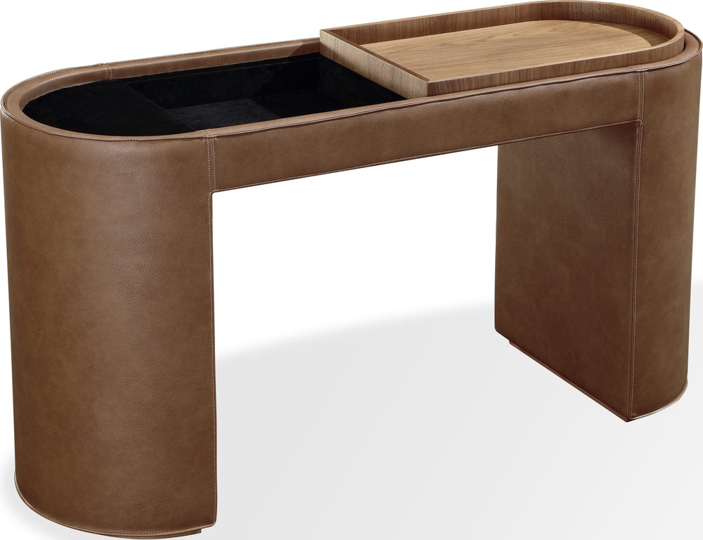 Yardley Leather Upholstered Storage Console Table with Wooden Tray Top - View 4