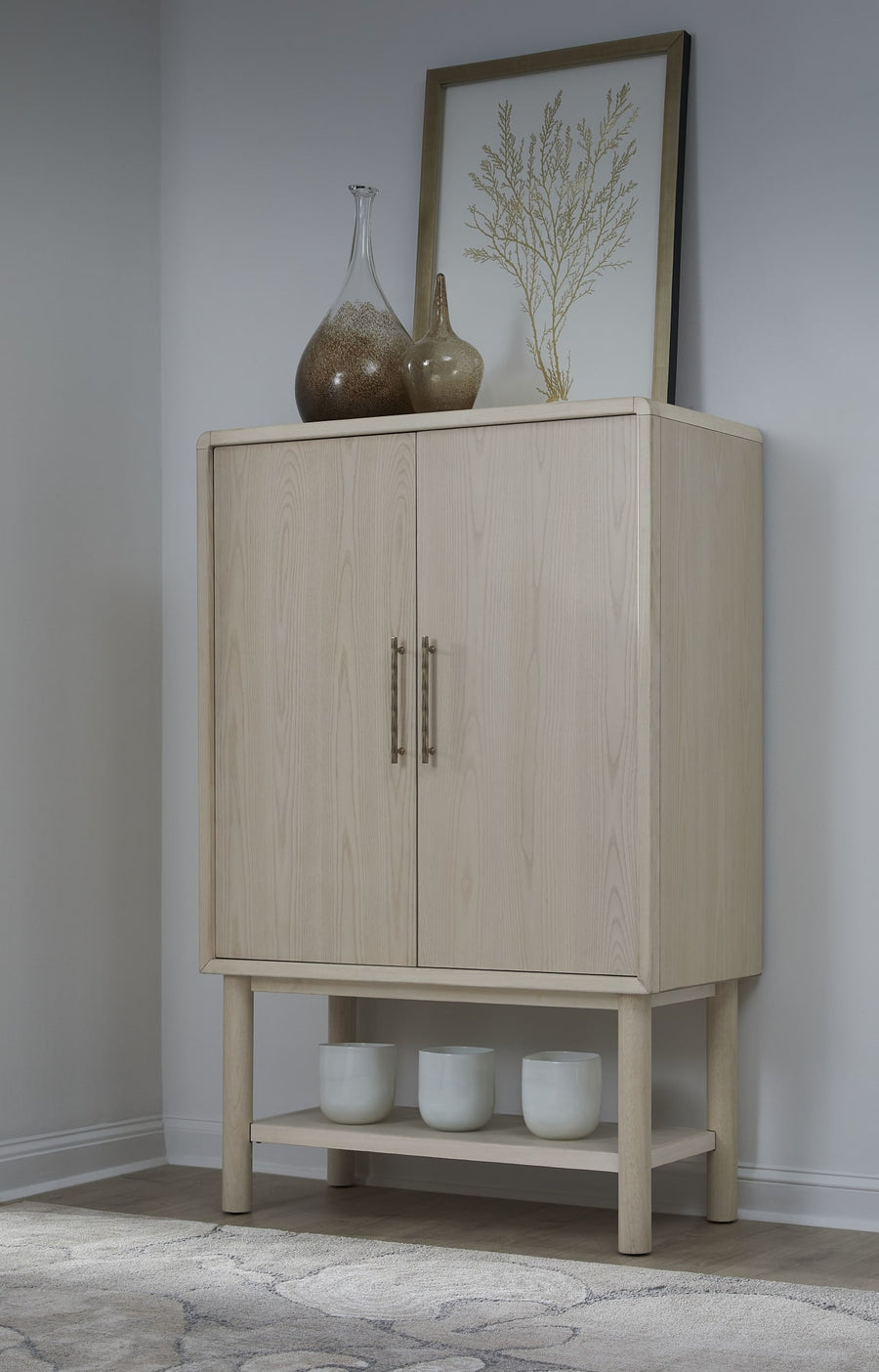 Zinnia Two Door Ash Wood Bar Cabinet in White Sand