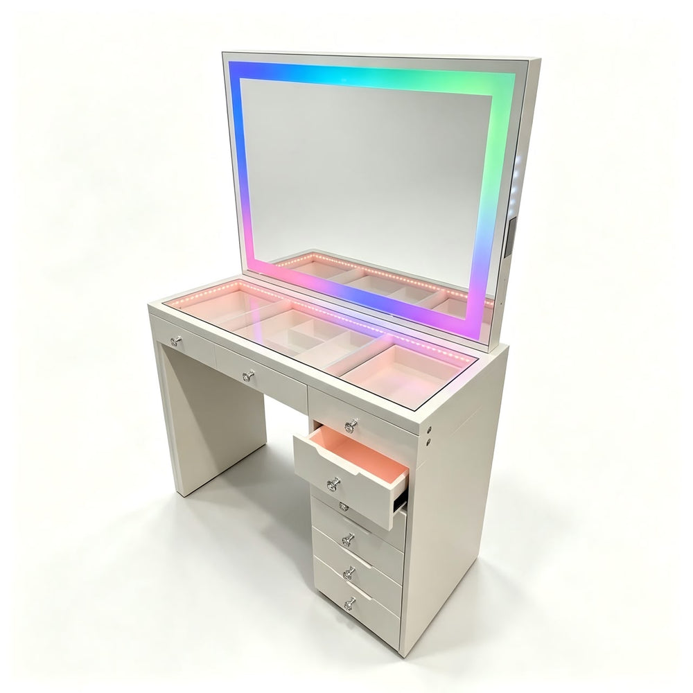 Bella 8-Drawer Lighted Vanity with LED Mirror & Bluetooth Speaker – High Gloss White