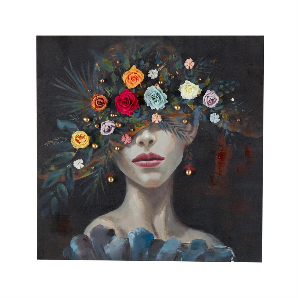 Woman with Floral Canvas Wall Art with Gold Jewels, 40