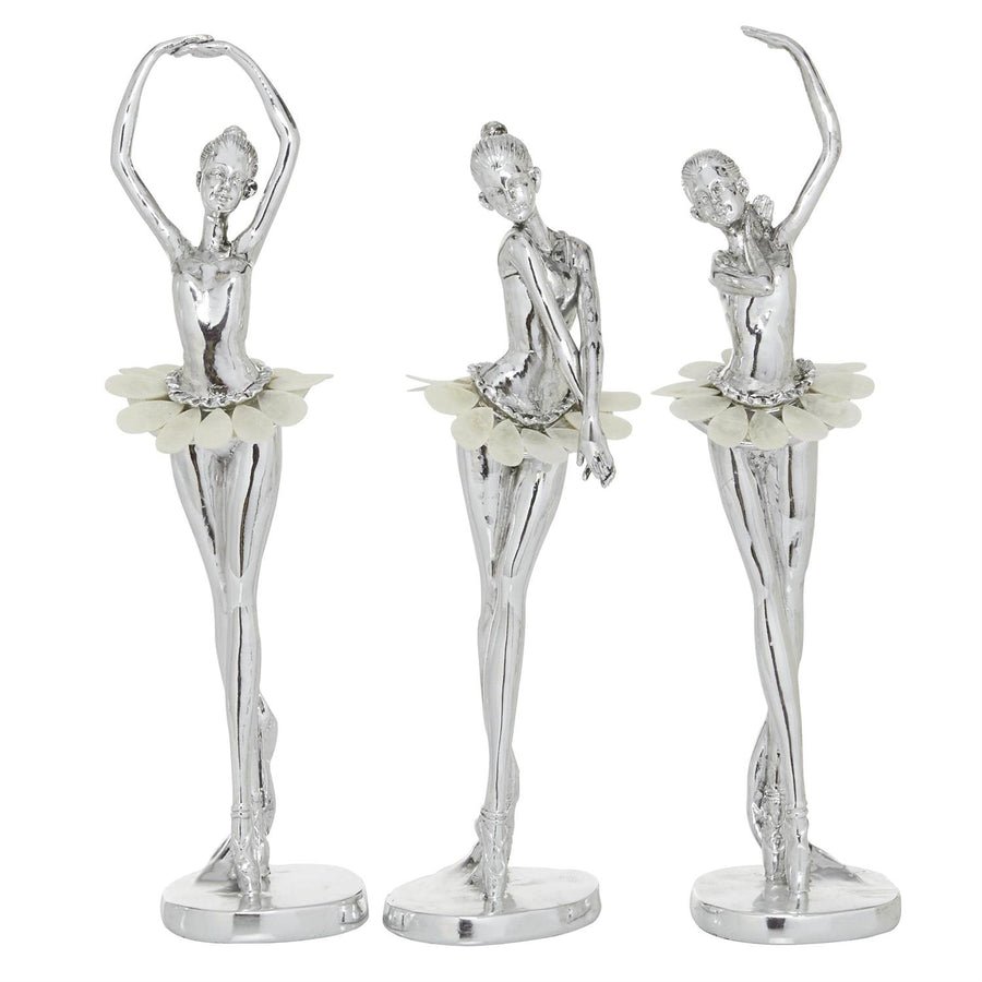 Silver Polystone Ballet Dancer Sculptures with Capiz Inlay, Set of 3