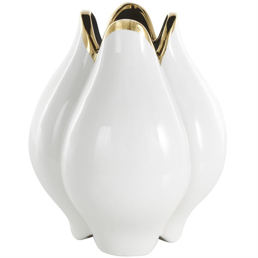 White Ceramic Tulip Vase with Metallic Gold Rim, 11