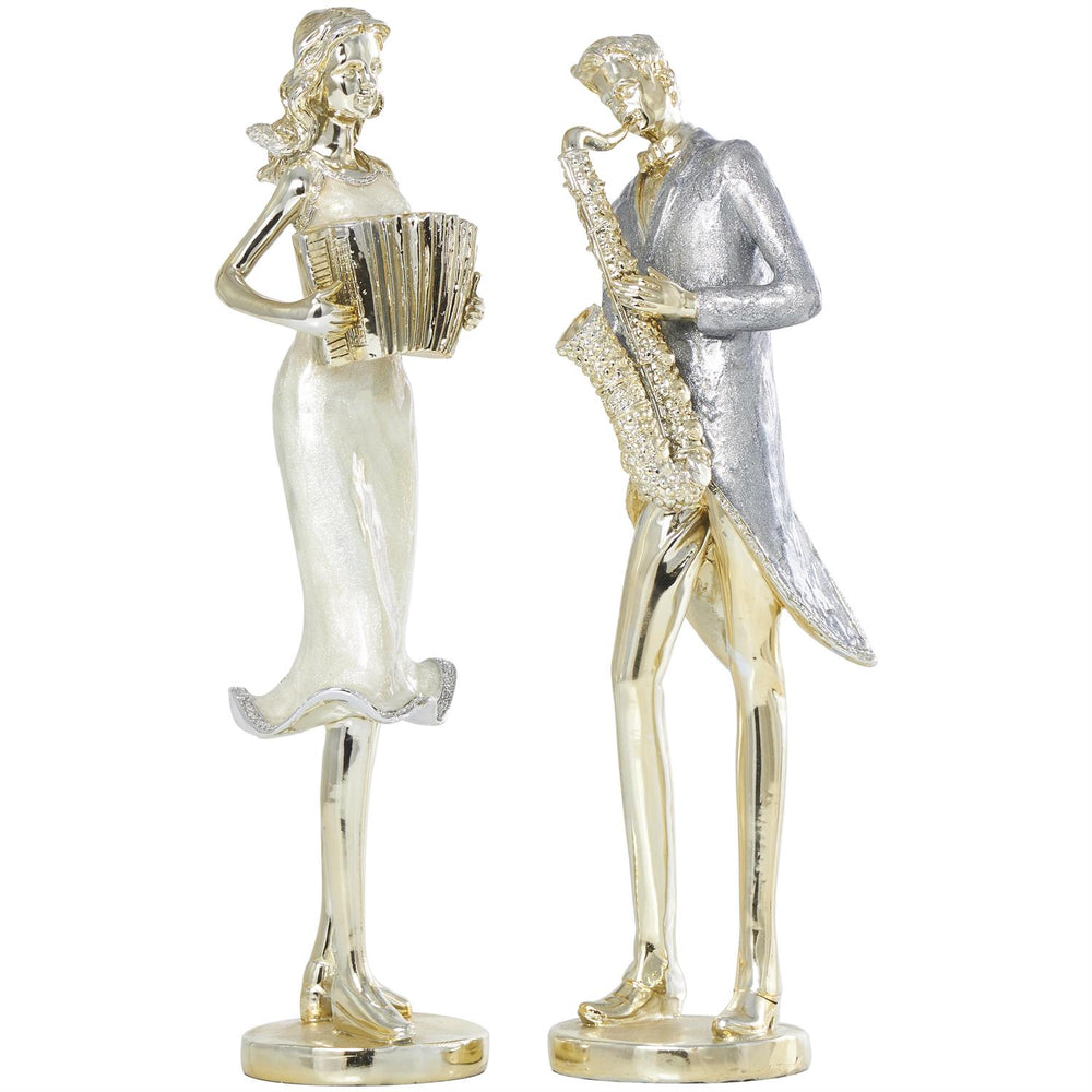Gold Resin Musician Sculptures with Accordion & Saxophone, Set of 2