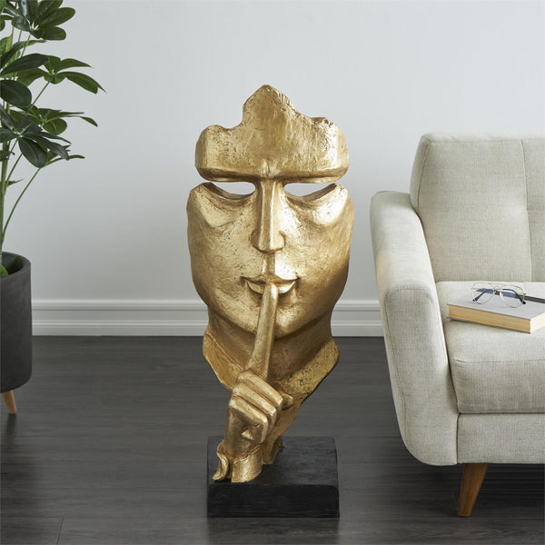 Gold Polystone Face Sculpture with Black Base, 40
