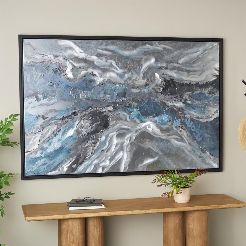 Blue Abstract Canvas Wall Art with Silver Foil, Black Frame, 30