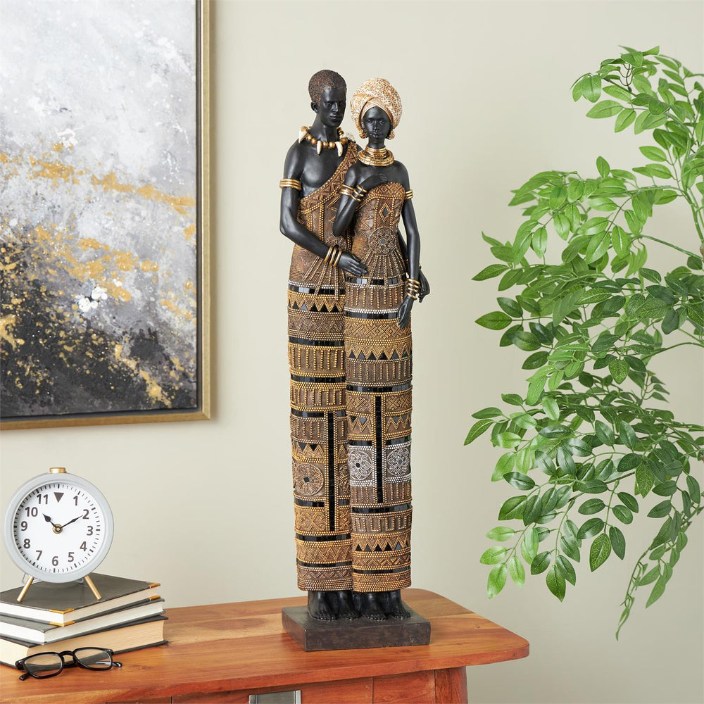Black Resin African Family Sculpture with Gold Jewels, 31