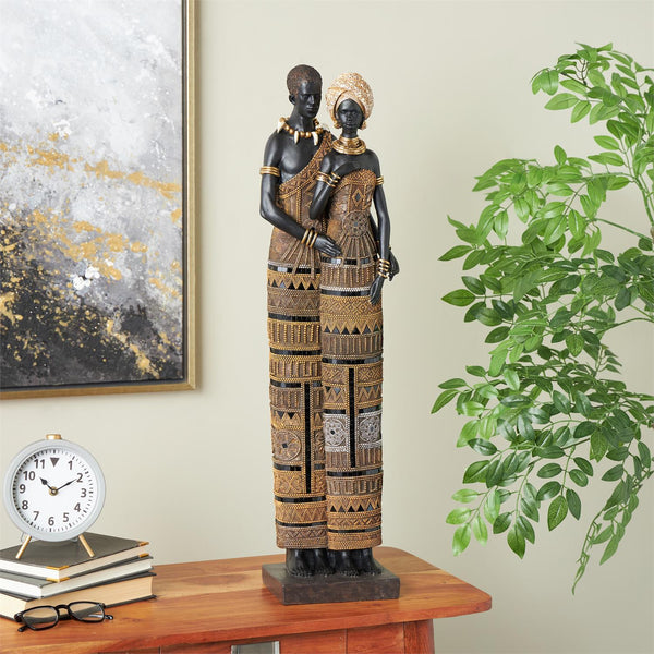 Black Resin African Family Sculpture with Gold Jewels, 31