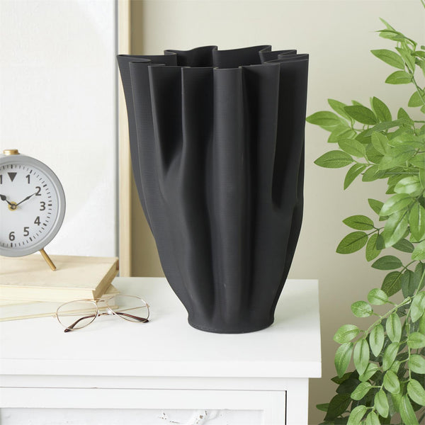 Black Ceramic Ribbed Tulip Vase with Angular Rim, 15