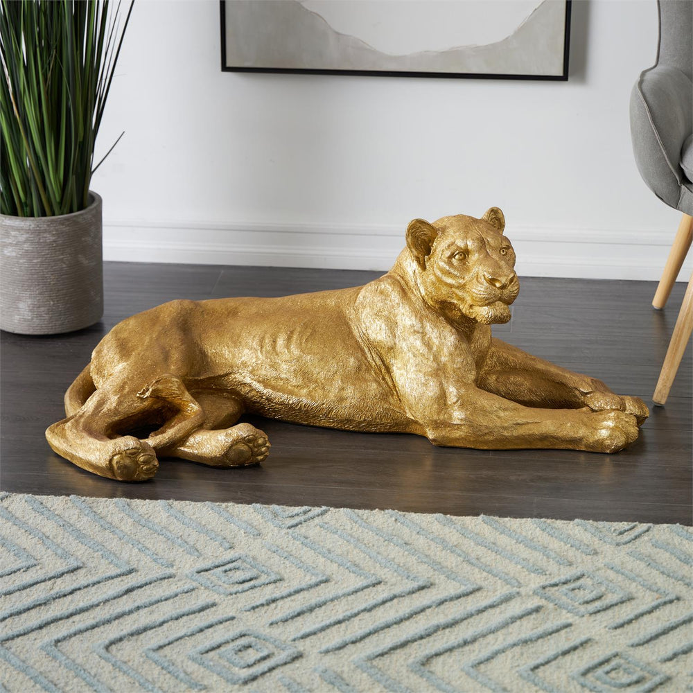 Gold Resin Reclining Leopard Sculpture, 44