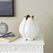 White Ceramic Tulip Vase with Metallic Gold Rim, 11