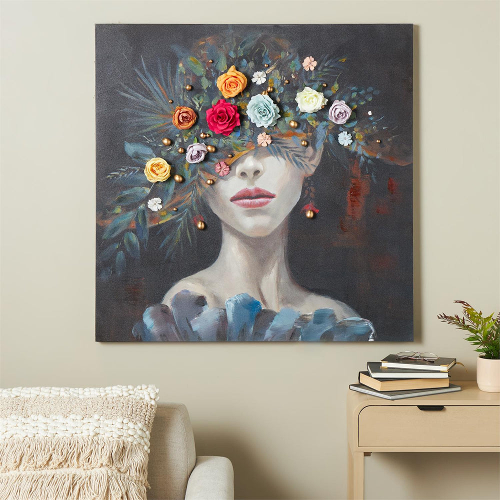 Woman with Floral Canvas Wall Art with Gold Jewels, 40