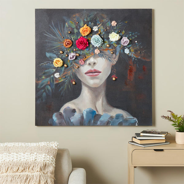 Woman with Floral Canvas Wall Art with Gold Jewels, 40