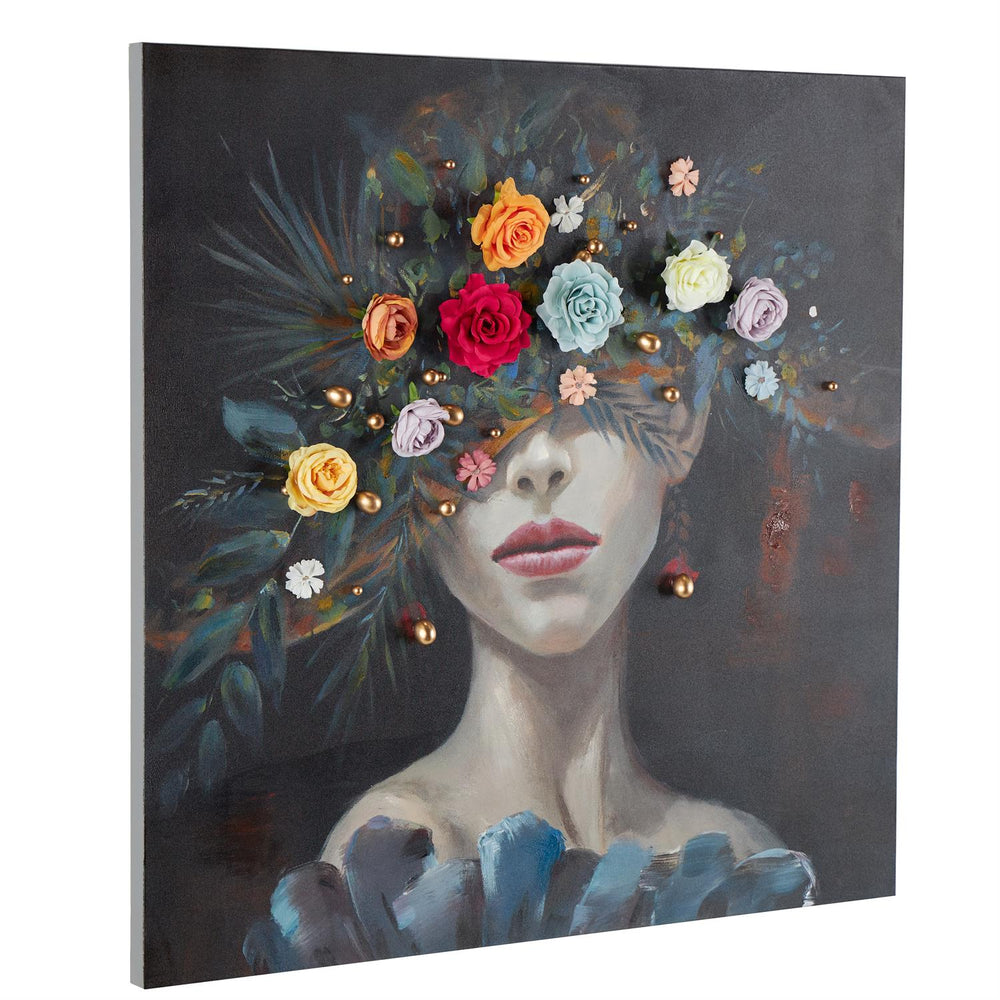 Woman with Floral Canvas Wall Art with Gold Jewels, 40