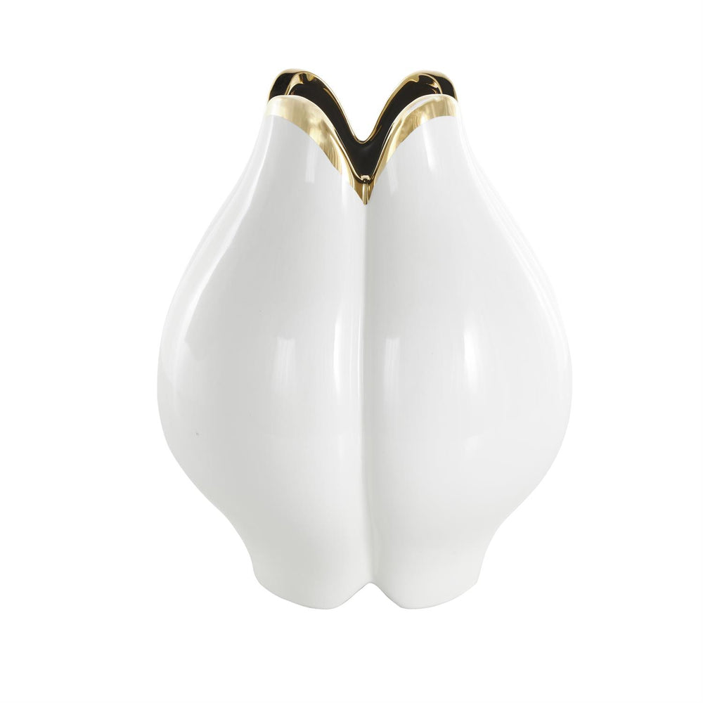 White Ceramic Tulip Vase with Metallic Gold Rim, 11
