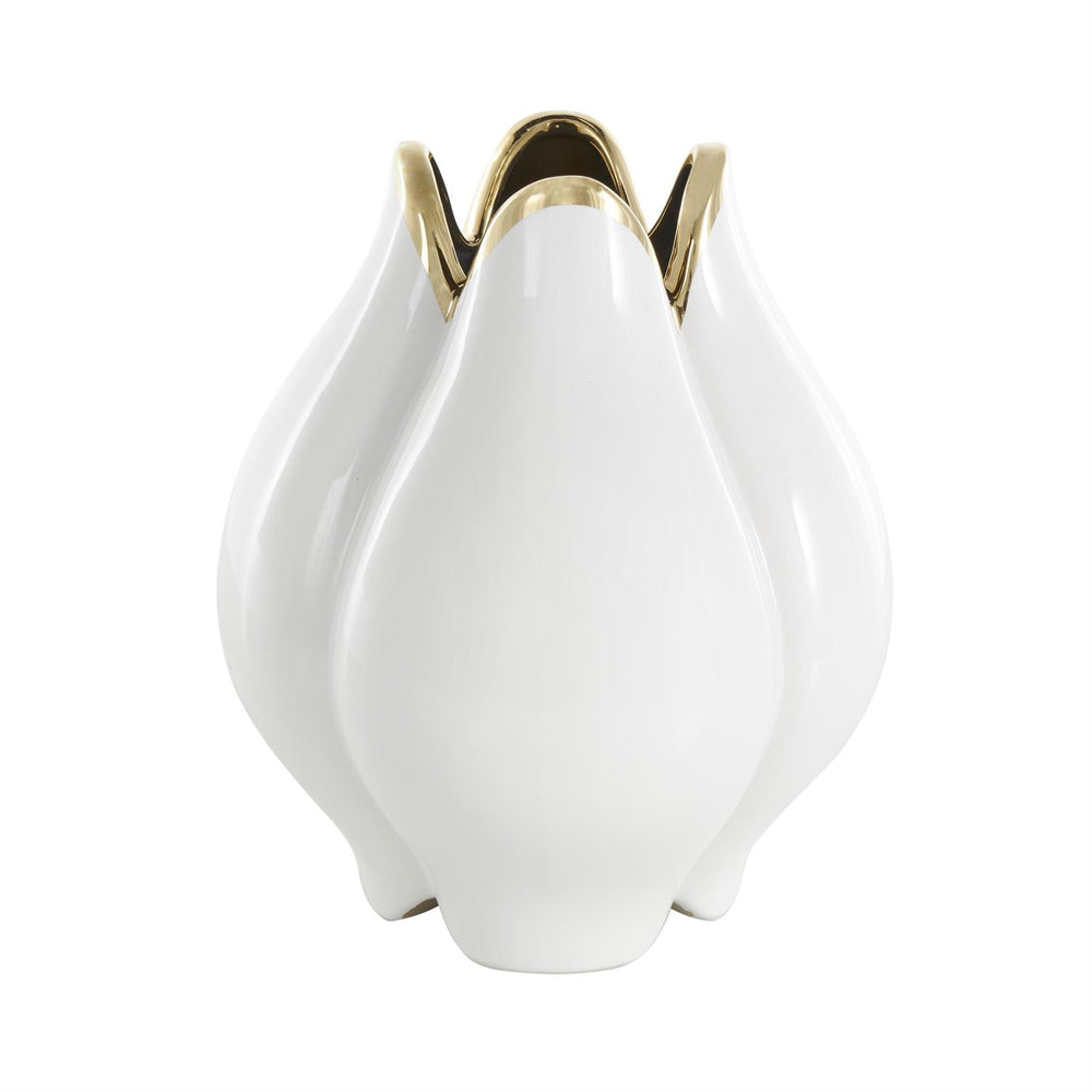 White Ceramic Tulip Vase with Metallic Gold Rim, 11
