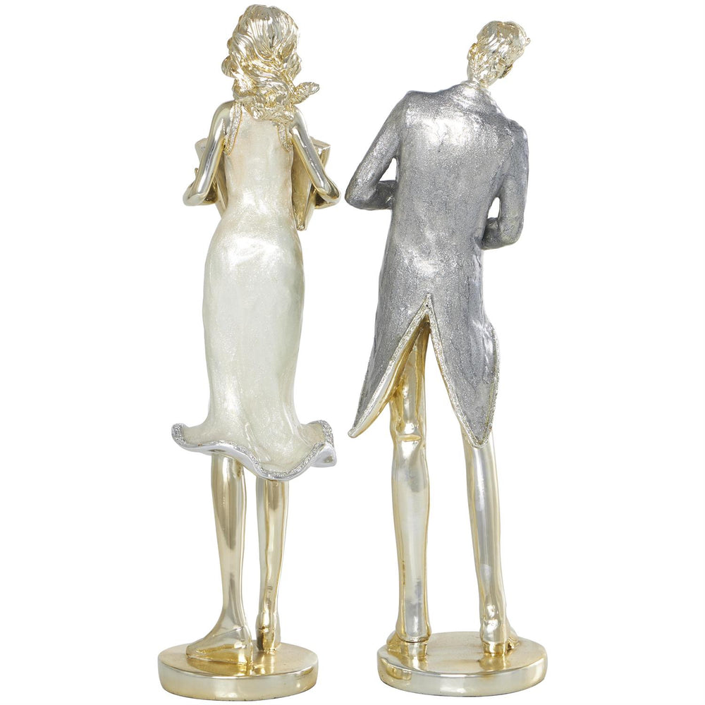 Gold Resin Musician Sculptures with Accordion & Saxophone, Set of 2