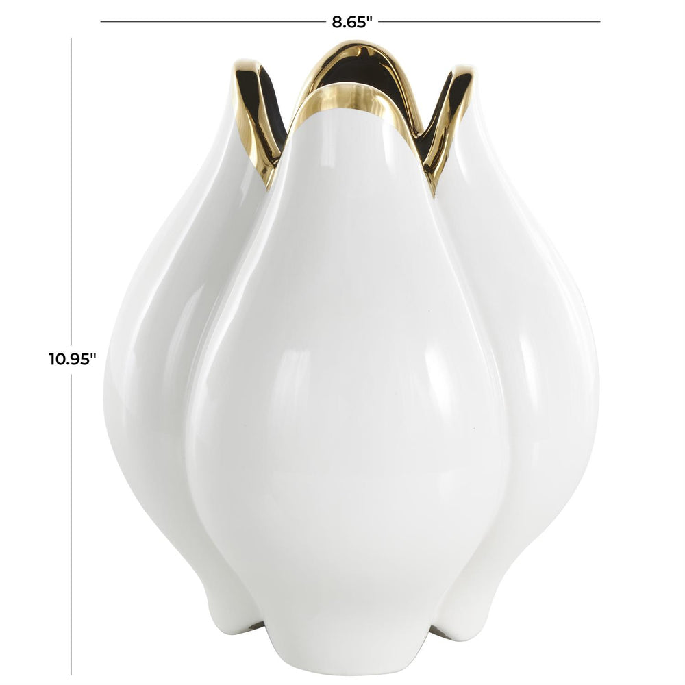 White Ceramic Tulip Vase with Metallic Gold Rim, 11