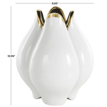 White Ceramic Tulip Vase with Metallic Gold Rim, 11