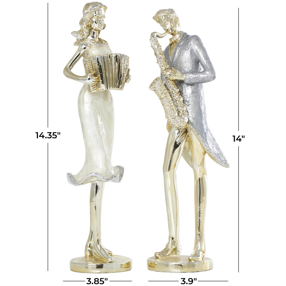 Gold Resin Musician Sculptures with Accordion & Saxophone, Set of 2