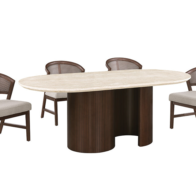 Sorrento oval travertine dining table with rattan back chairs lifestyle